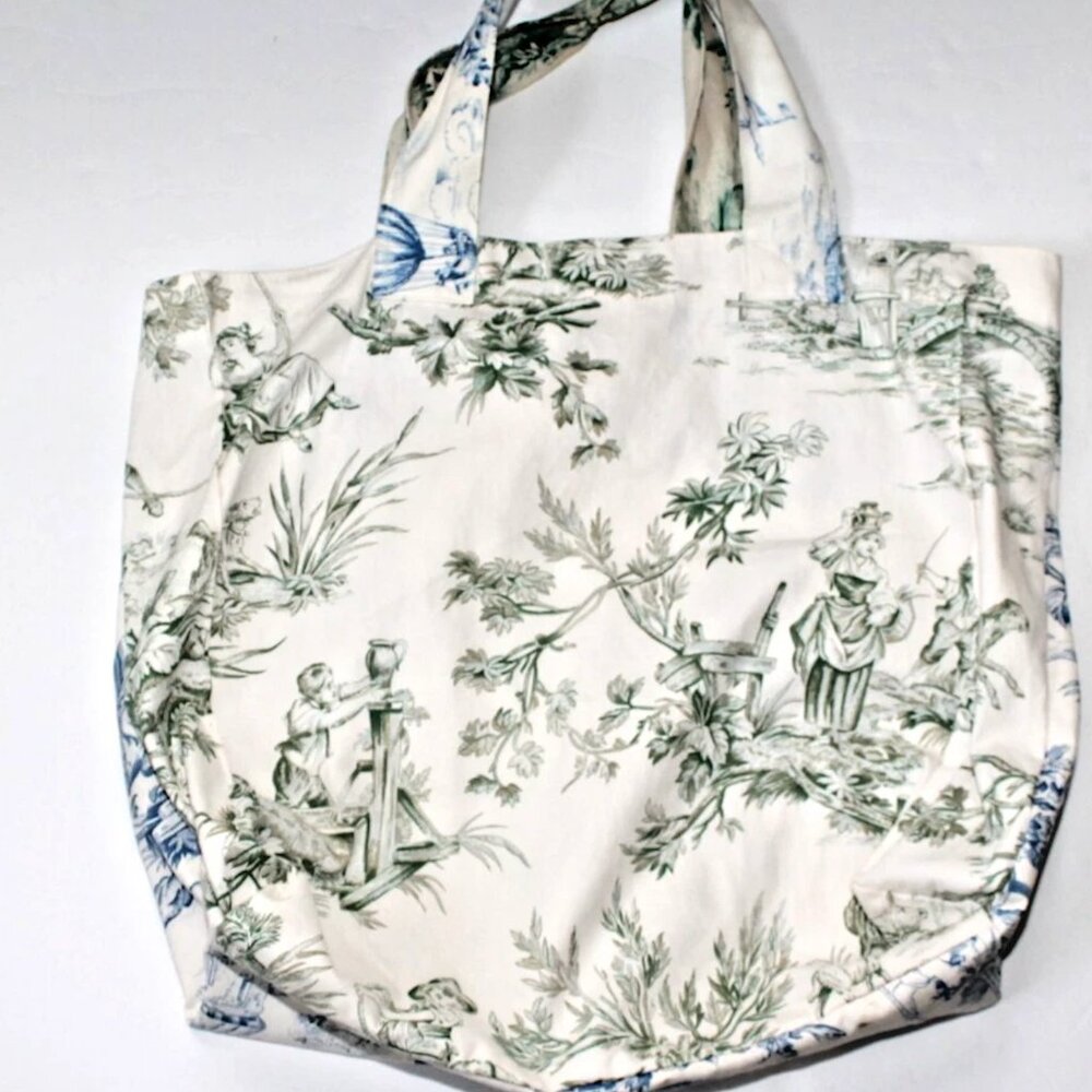 VINTAGE Handmade Toile Fabric Tote Bag Green Blue 17x20 French Country Romantic